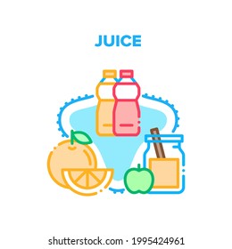 Juice Drink Vector Icon Concept. Freshness Juice Drink Prepared From Fruit Apple And Orange, Natural Dieting And Healthy Juicy Product. Organic Vitamin Fresh Beverage Bottle And Cup Color Illustration