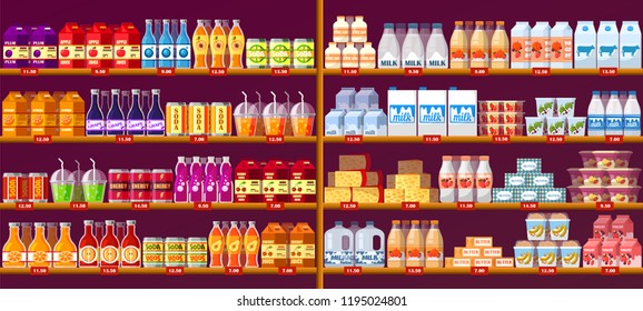 Juice drinks and dairy at shop shelves or showcase