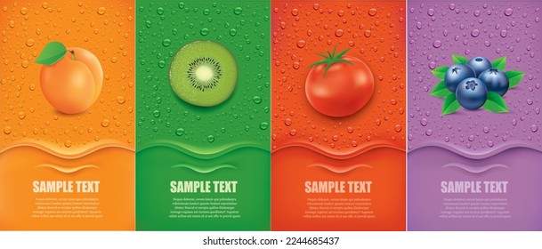 juice drops background with blueberry, tomato, apricot, kiwi