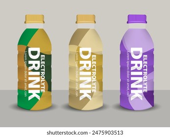 Juice empty and full bottle mockup set. Fruit drinks packaging design with label templates. 3d realistic vector illustration isolated on colorful background.