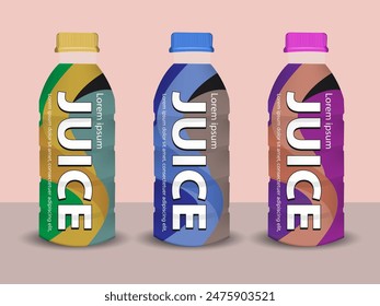 Juice empty and full bottle mockup set. Fruit drinks packaging design with label templates. 3d realistic vector illustration isolated on colorful background.