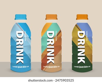 Juice empty and full bottle mockup set. Fruit drinks packaging design with label templates. 3d realistic vector illustration isolated on colorful background.