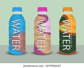 Juice empty and full bottle mockup set. Fruit drinks packaging design with label templates. 3d realistic vector illustration isolated on colorful background.