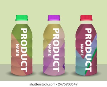 Juice empty and full bottle mockup set. Fruit drinks packaging design with label templates. 3d realistic vector illustration isolated on colorful background.
