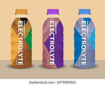 Juego de maquetas de botellas llenas y vacías de jugo. Diseño de envases de bebidas de frutas con Plantillas de etiquetas. Ilustración vectorial realista 3d aislada sobre fondo colorido.