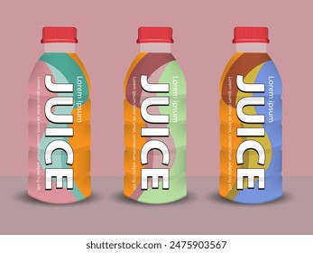 Juice empty and full bottle mockup set. Fruit drinks packaging design with label templates. 3d realistic vector illustration isolated on colorful background.