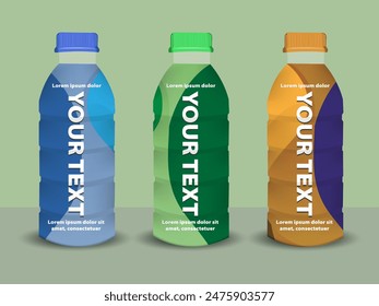 Juice empty and full bottle mockup set. Fruit drinks packaging design with label templates. 3d realistic vector illustration isolated on colorful background.