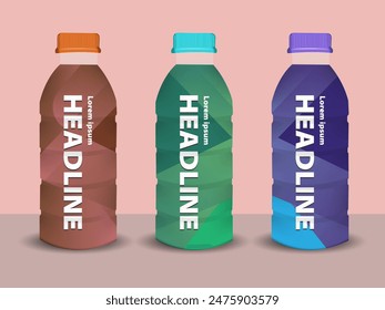Juice empty and full bottle mockup set. Fruit drinks packaging design with label templates. 3d realistic vector illustration isolated on colorful background.