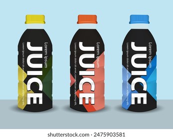 Juice empty and full bottle mockup set. Fruit drinks packaging design with label templates. 3d realistic vector illustration isolated on colorful background.