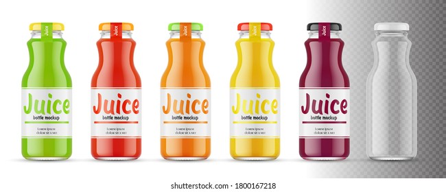 Juice empty and full glass bottle mockup set. Fruit drinks packaging design with label templates. 3d realistic vector illustration isolated on transparent background	