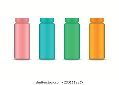 Equipo de simulación de botellas de vidrio vacías y llenas de jugo. Plantillas de diseño de envases de bebidas frutales. 3.ª ilustración vectorial realista aislada en fondo blanco