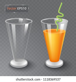 Juice and an empty glass. Fruit organic drink. Healthy diet. Clean eating. Tall glass with beverage. Transparent photo realistic vector illustration.