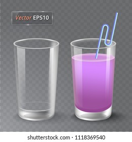 Juice and an empty glass. Fruit organic drink. Healthy diet. Clean eating. Tall glass with beverage. Transparent photo realistic vector illustration.