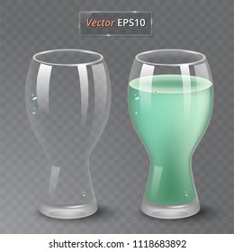 Juice and an empty glass. Fruit organic drink. Healthy diet. Clean eating. Tall glass with beverage. Transparent photo realistic vector illustration.