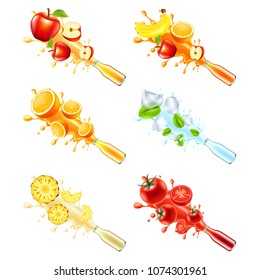 Juice explosion from glass bottle. Apple, multivitamin, orange, mint, pineapple and tomato 3d vector set