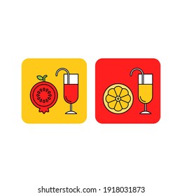 Juice flat vector icons. Pomegranate and orange juice flat vector icons