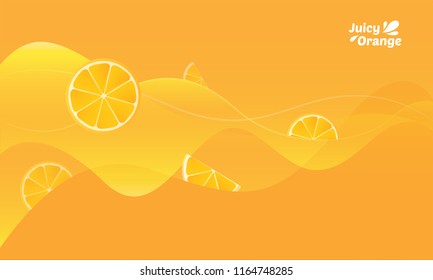 Juice flowing yellow background with slices of oranges with typography logo