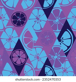 Juice food vegan fruits print neon design. Beauty purple seamless pattern. Vector illustration of lime, pomelo, grapefruit, lemon.
