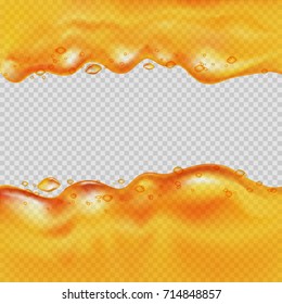 Juice frame. Transparent orange liquid background with drops. Vector illustration.