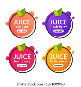 Juice fresh fruit label icon. Orange, lemon, berry, peach healthy juice design sticker.