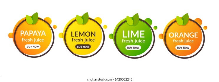 Juice fresh fruit label icon. Orange, lemon, lime, papaya healthy juice design sticker.