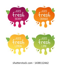 Juice fresh fruit label icon for your needs. Berry, orange, lemon, lime, healthy juice sticker design.