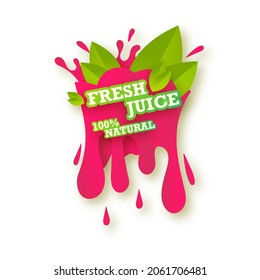 Juice fresh fruit label icon concept. Juicy drop and green leaves. Raspberry healthy juice design sticker. Vector isolated illustration.