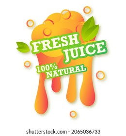 Symbol für die Kennzeichnung von frischem Obst. 100% natürlicher, saftiger orangefarbener Tropfen. Orangefarbener Saft-Design-Aufkleber. Vektorgrafik.
