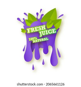 Icono de etiqueta de fruta fresca de jugo. Gota jugosa y hojas verdes. Pegatina de diseño de jugo sano de arándano azul. Ilustración aislada del vector.