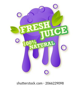 Juice fresh fruit label icon. 100% natural juicy blueberry drop. Blueberry healthy juice design sticker. Vector illustration.