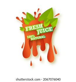 Juice fresh fruit label icon concept. Juicy drop and green leaves. Strawberry healthy juice design sticker. Vector isolated illustration.