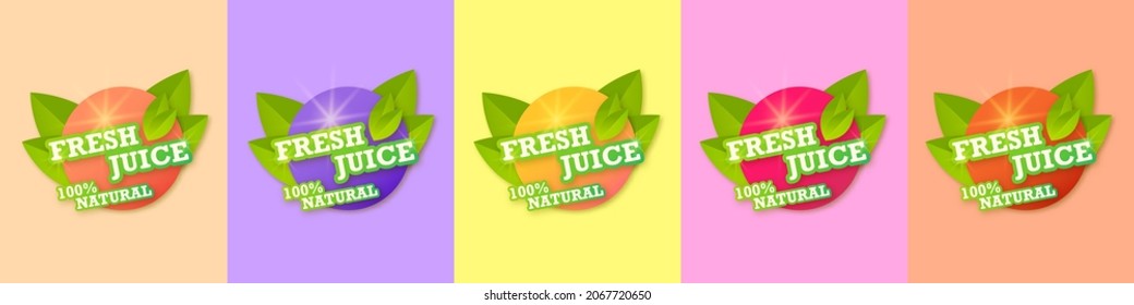 Juice fresh fruit label icon set. Orange, blueberry, peach, strawberry, raspberry healthy juice sticker. Juicy drops and green leaves. Vector design. Isolated illustration.