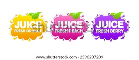 Juice Fresh fruit label icon. Orange, berry, peach healthy juice design sticker template. Healthy drink. Vector illustration.