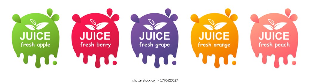 Juice fresh fruit label icons set. Collection of apple, berry, grape, orange, peach healthy juice design sticker – stock vector