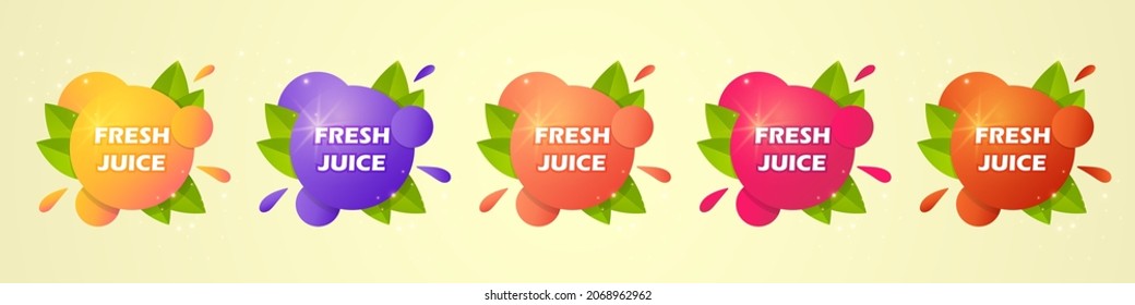 Juice fresh fruit set label icon. Orange, blueberry, peach, raspberry, strawberry. Design sticker. Vector illustration.