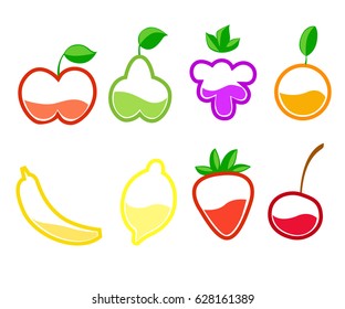 Juice fresh fruit shake in plastic cups with straws set. Vector illustration