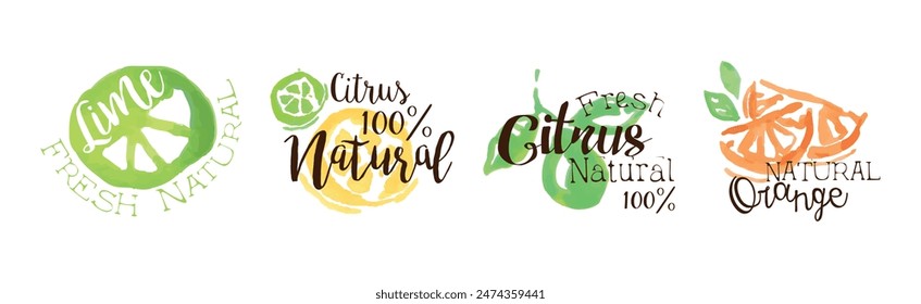 Juice and Fresh Watercolor Hand Drawn Label Vector Set