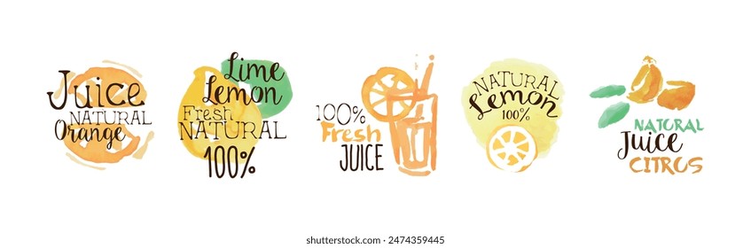 Juice and Fresh Watercolor Hand Drawn Label Vector Set