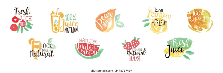 Juice and Fresh Watercolor Hand Drawn Label Vector Set