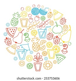 Juice and  fruit color set vector icons.Food and drink background.