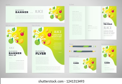 Juice Fruit Drops Liquid Green Apple Element Set Flyer Cover, Tri-fold, Banner, Roll Up Banner, Business Card.