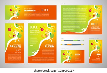 Juice Fruit Drops Liquid Orange Green Apple Element Set Flyer Cover, Tri-fold, Banner, Roll Up Banner, Business Card.