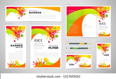 Juice Fruit Drops Liquid Orange, Lemon, Apple Element Colorful Set Flyer Cover, Tri-fold, Banner, Roll Up Banner, Business Card.