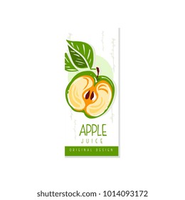 Juice fruit label with half of green apple and leaves. Organic and healthy product. Vegan nutrition. Hand drawn design for juice or yogurt packaging. Colorful vector