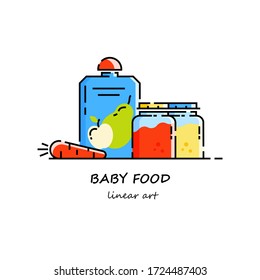 Juice, fruit or vegetable puree for healthy feeding of the baby. Healthy eating Vector illustration in linear style. Concept for magazine design, brochure, web.
