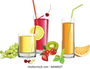 Juice and fruits. All elements and textures are individual objects. Vector illustration scale to any size.