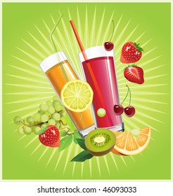 Juice and fruits. All elements and textures are individual objects. Vector illustration scale to any size.