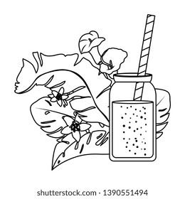juice fruits in pot with straw and tropical floral decoration