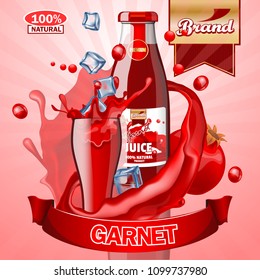 Juice Garnet ads with logo and label. Realistic editable mockup