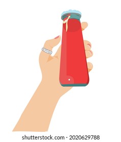 Juice in a glass bottle held by a human hand. Vector stock illustration isolated on white background.